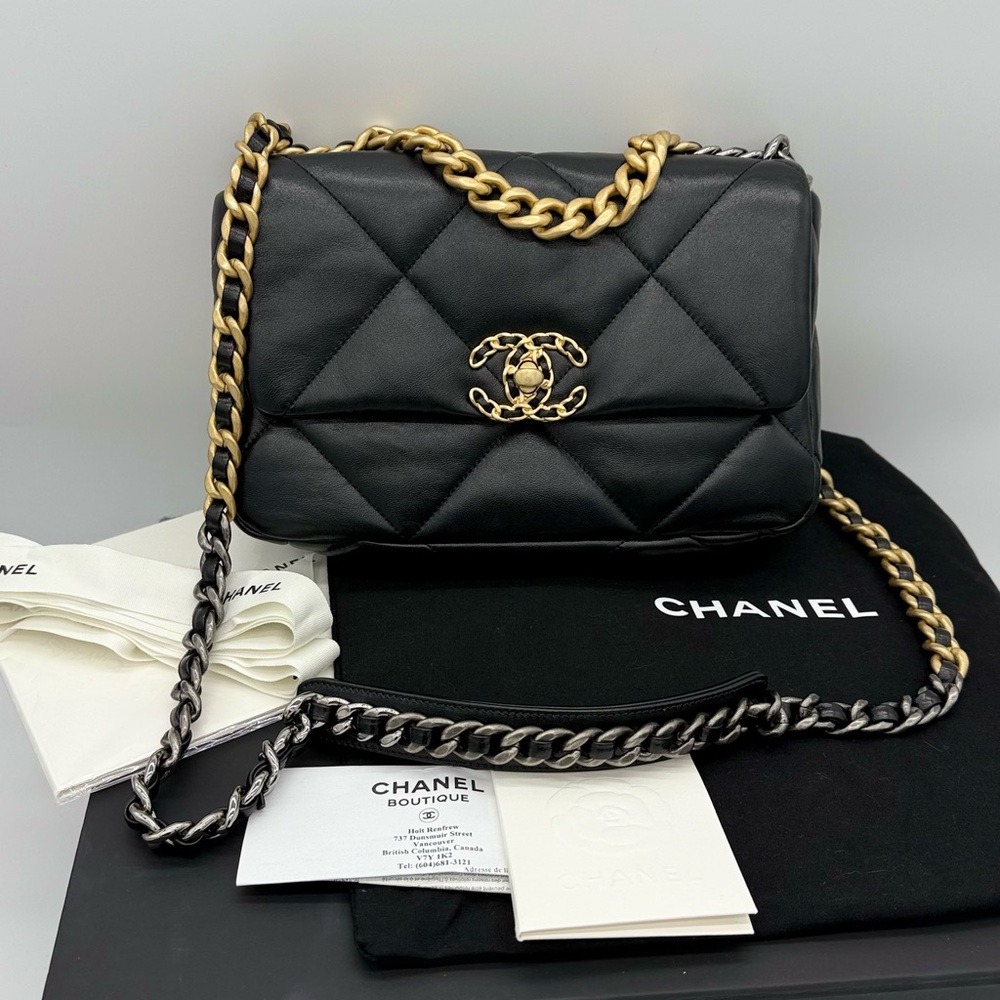 Authentic Chanel Black shiny lambskin 19 handbag